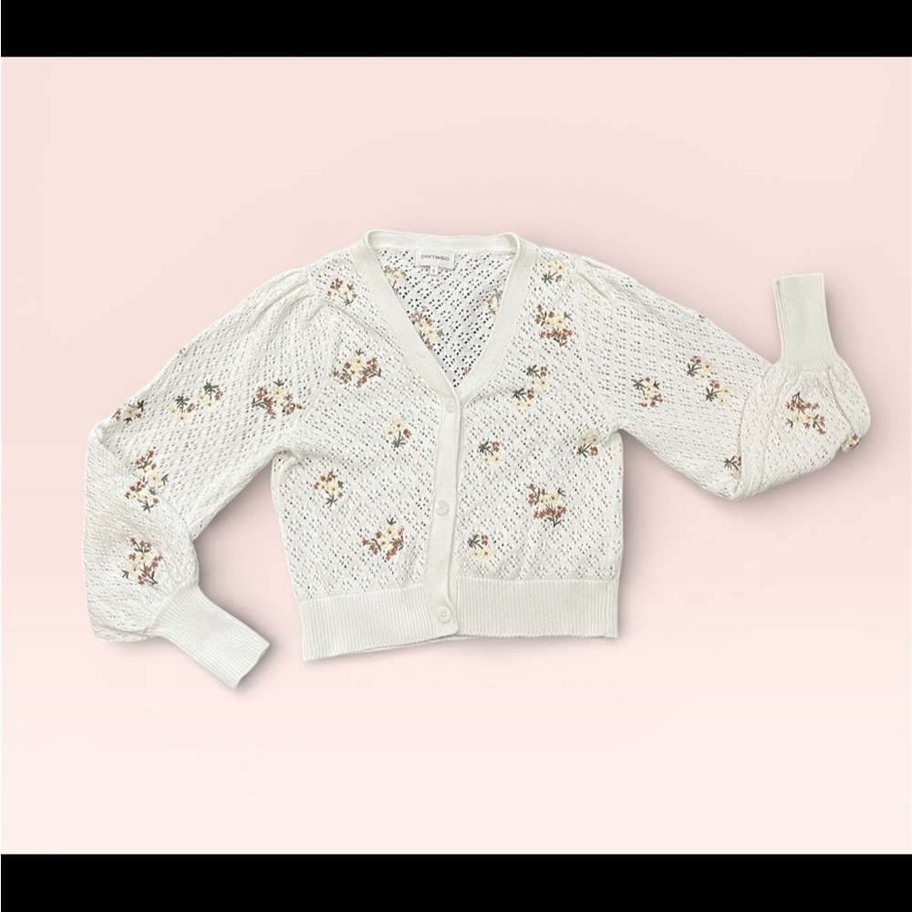 DRIFTWOOD White Floral Embroidered Pointelle Knit Cardigan Sweater Size Small